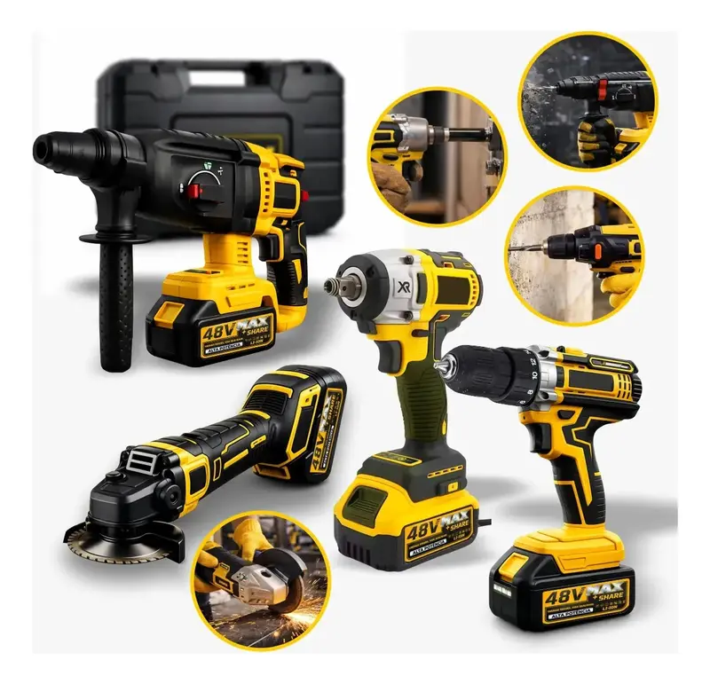 Kit Multiferramentas 4 Em 1 | 48V Sem Fio Com 2 Baterias Furadeira Parafusadeira, Martelete, Esmerilhadeira, Chave De Impacto Com Maleta Alta Potência Uso Profissional E Doméstico imagem 1