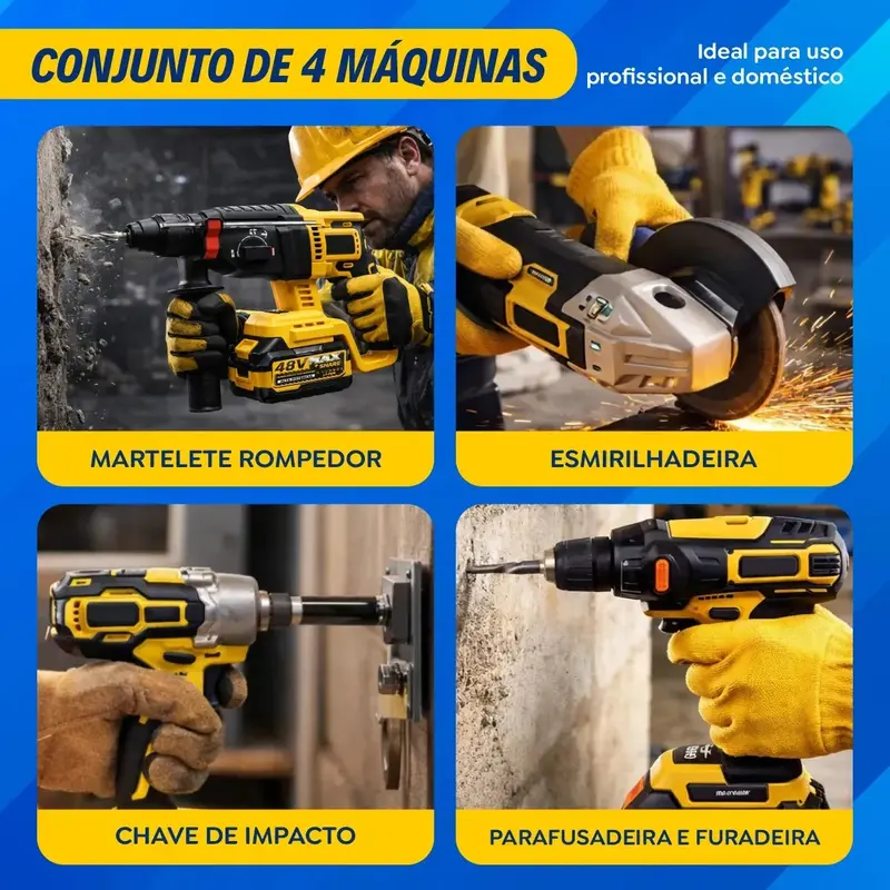 Kit Multiferramentas 4 Em 1 | 48V Sem Fio Com 2 Baterias Furadeira Parafusadeira, Martelete, Esmerilhadeira, Chave De Impacto Com Maleta Alta Potência Uso Profissional E Doméstico imagem 2