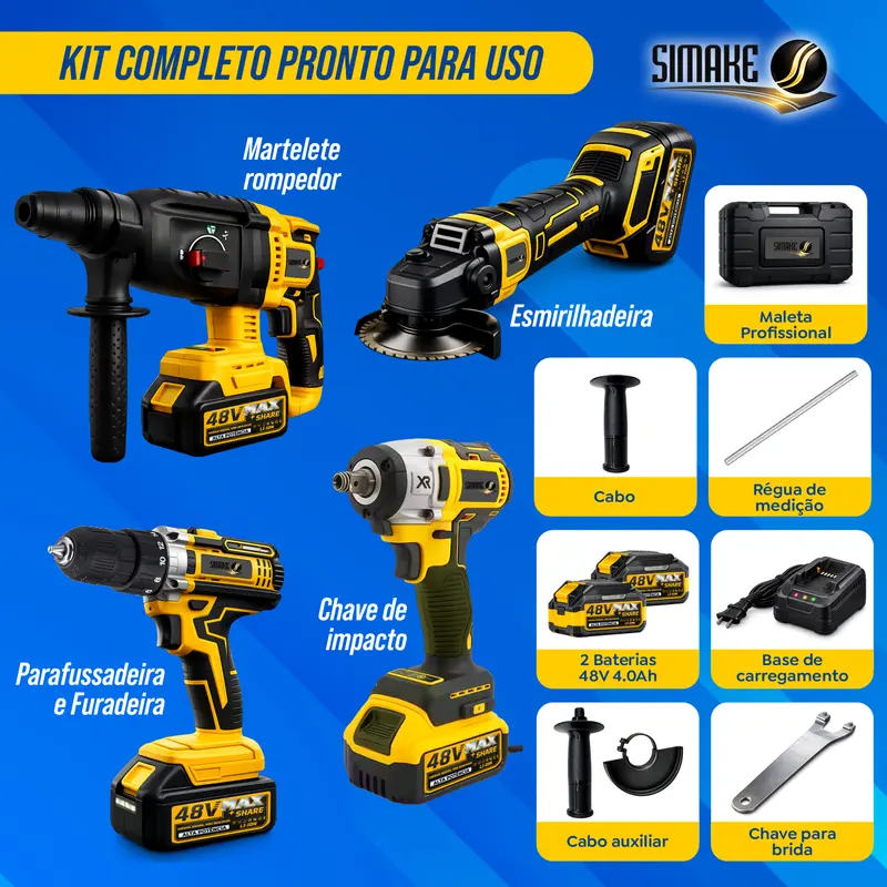 Kit Multiferramentas 4 Em 1 | 48V Sem Fio Com 2 Baterias Furadeira Parafusadeira, Martelete, Esmerilhadeira, Chave De Impacto Com Maleta Alta Potência Uso Profissional E Doméstico imagem 3