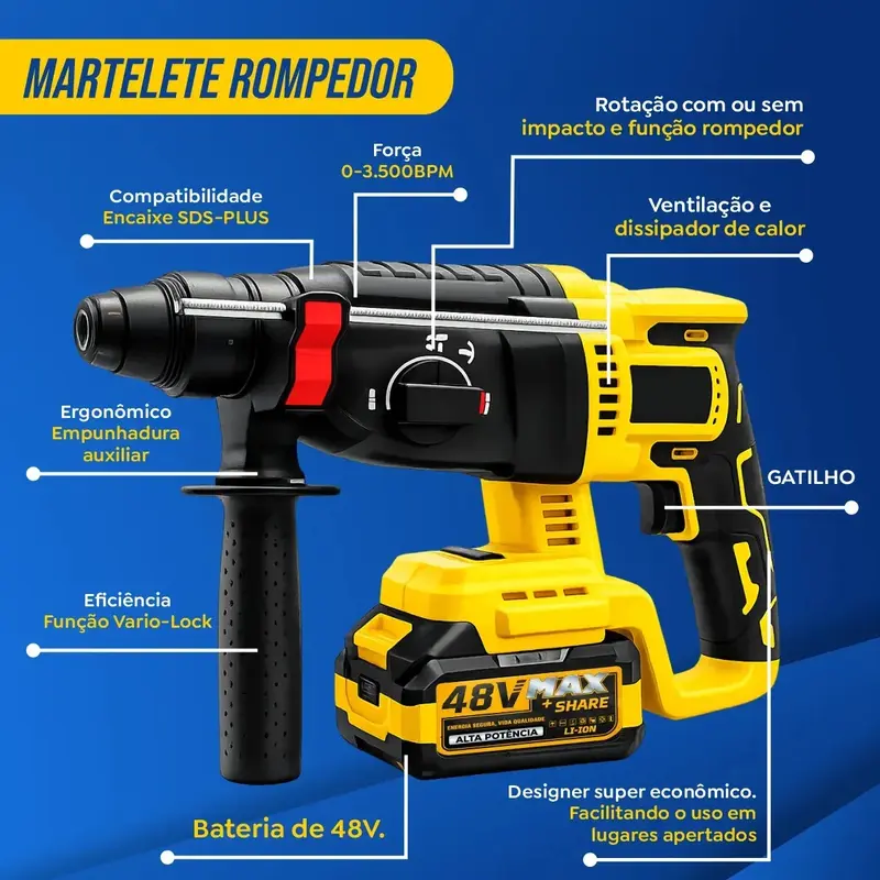 Kit Multiferramentas 4 Em 1 | 48V Sem Fio Com 2 Baterias Furadeira Parafusadeira, Martelete, Esmerilhadeira, Chave De Impacto Com Maleta Alta Potência Uso Profissional E Doméstico imagem 3