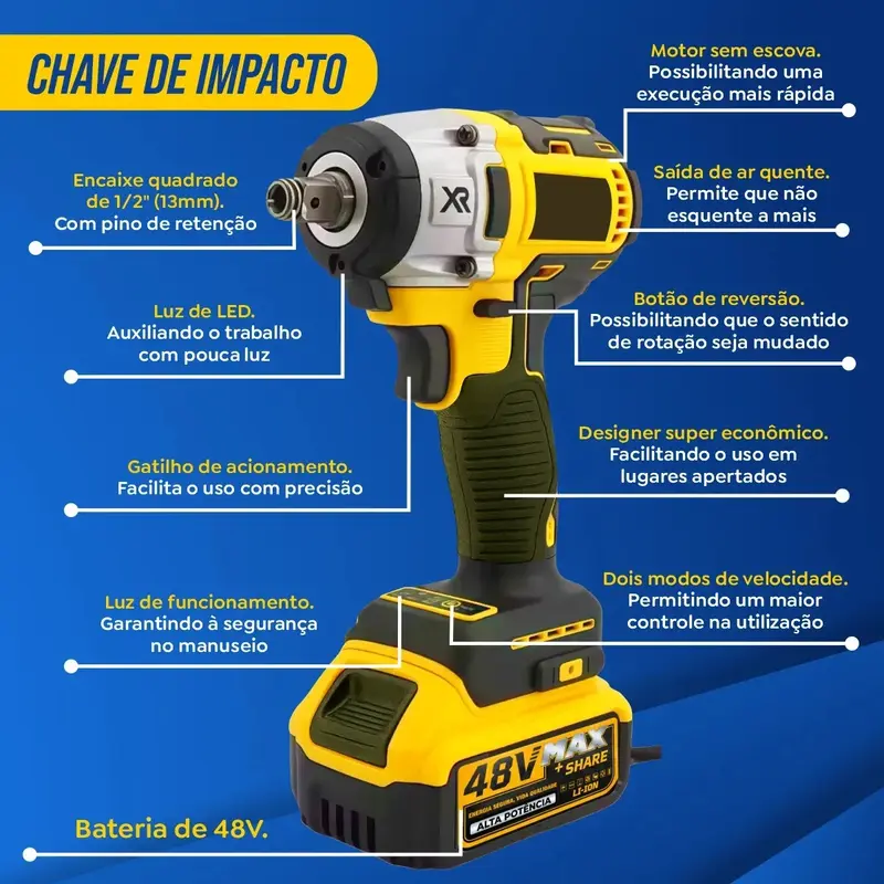 Kit Multiferramentas 4 Em 1 | 48V Sem Fio Com 2 Baterias Furadeira Parafusadeira, Martelete, Esmerilhadeira, Chave De Impacto Com Maleta Alta Potência Uso Profissional E Doméstico imagem 3