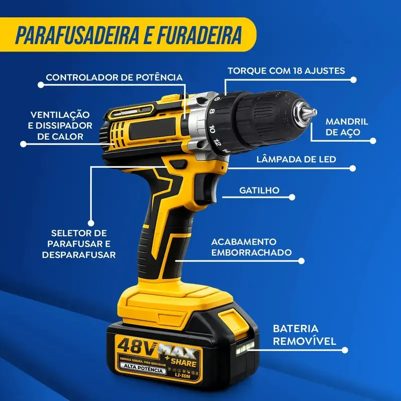 Kit Multiferramentas 4 Em 1 | 48V Sem Fio Com 2 Baterias Furadeira Parafusadeira, Martelete, Esmerilhadeira, Chave De Impacto Com Maleta Alta Potência Uso Profissional E Doméstico imagem 3