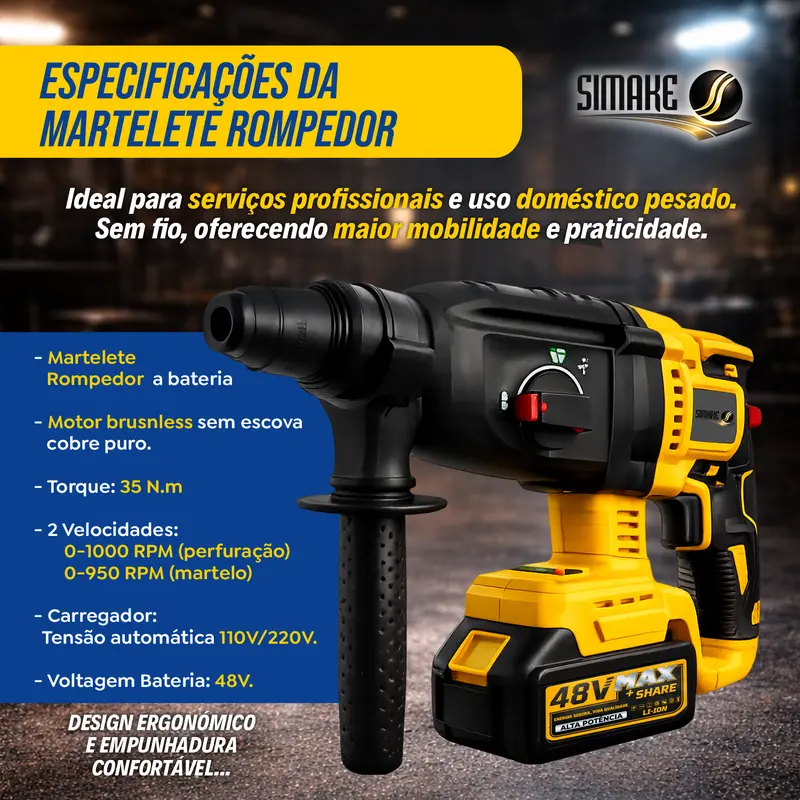 Kit Multiferramentas 4 Em 1 | 48V Sem Fio Com 2 Baterias Furadeira Parafusadeira, Martelete, Esmerilhadeira, Chave De Impacto Com Maleta Alta Potência Uso Profissional E Doméstico imagem 3
